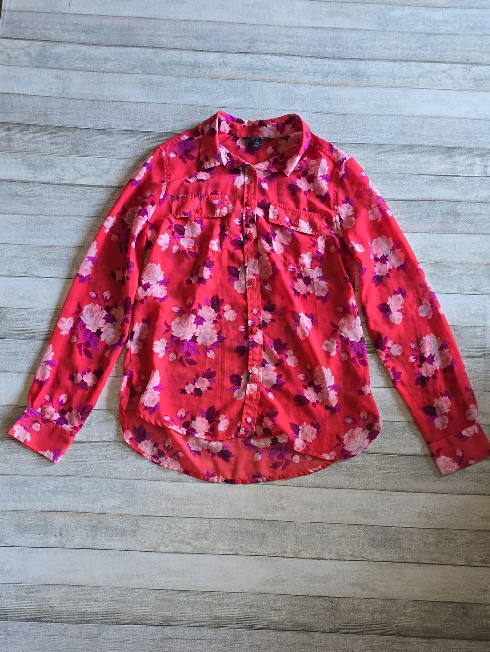 American Eagle Outfitters Pink Purple White Floral Button-Up Sheer Blouse